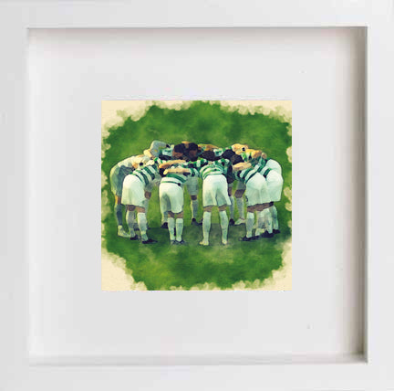 Glasgow Celtic Huddle 0299 in White frame, premium wall art print